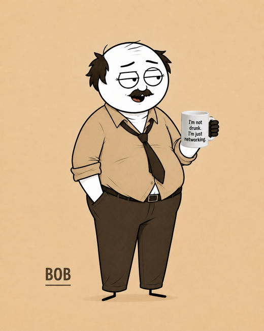 Bob, Chaotic older drinker. Veteran socializer. Kindly Offensive character, holding a mug.