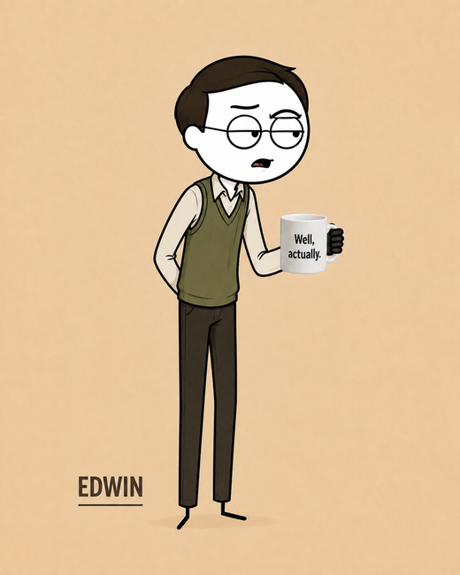 Edwin, Hyper-intelligent pedantic nerd. Kindly Offensive character, holding a mug.