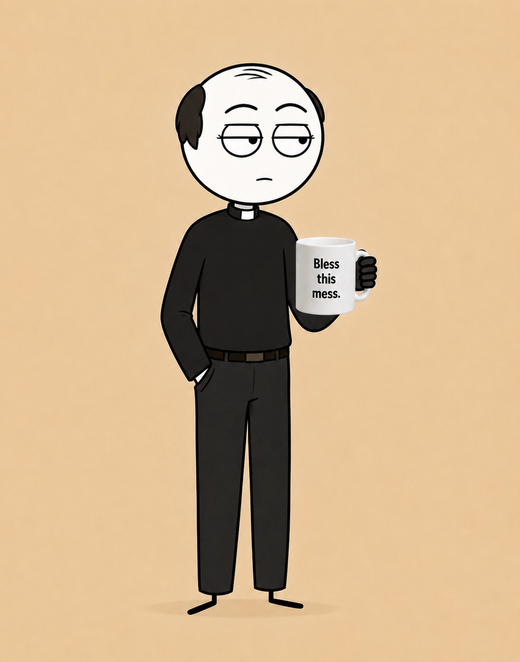 Padre Leo, Kind but exhausted priest. Reluctant peacemaker. Kindly Offensive character, holding a mug.