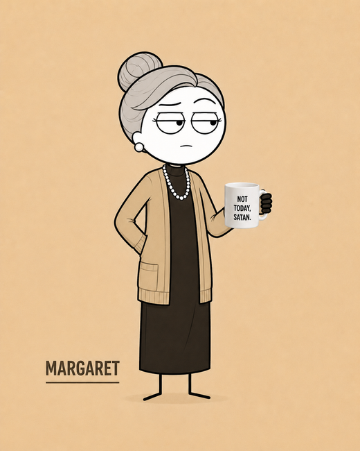 Margaret, Older moral authority. Kindly Offensive character, holding a mug.