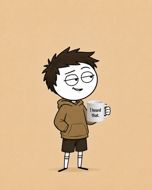 Milo, Observant truth-bomb child. Kindly Offensive character, holding a mug.