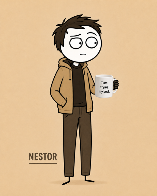 Néstor, Anxious overthinker. Kindly Offensive character, holding a mug.