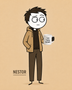Néstor, Anxious overthinker. Kindly Offensive character, holding a mug.