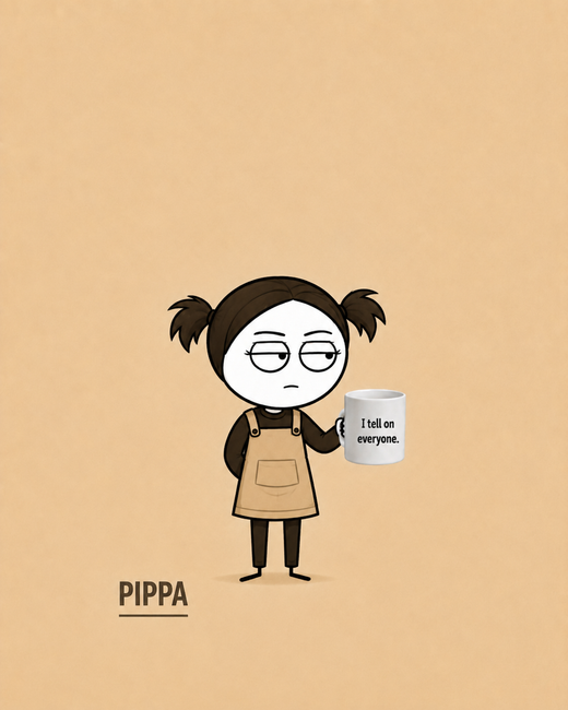 Pippa, Tiny rule-enforcer. Tattletale. Kindly Offensive character, holding a mug.