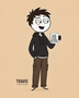 Travis, Mischievous troublemaker. Kindly Offensive character, holding a mug.