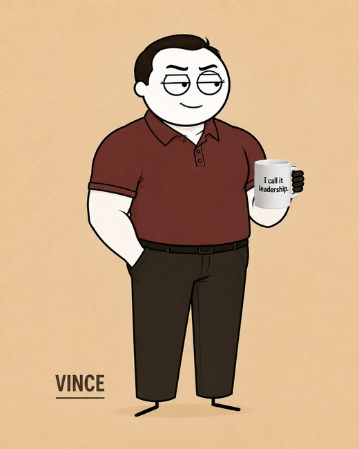 Vince, Domineering manager. Bully-boss. Kindly Offensive character, holding a mug.