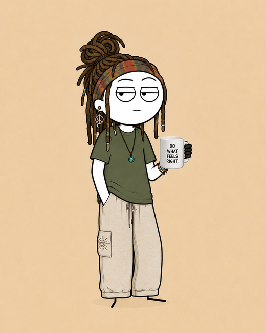 Zia, Emotionally intuitive free spirit. Kindly Offensive character, holding a mug.