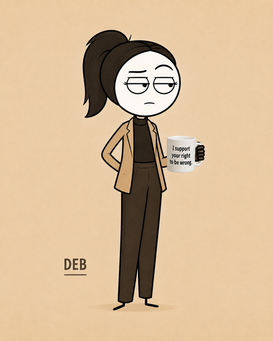 Deb, Deadpan realist. Social judge. Kindly Offensive character, holding a mug.