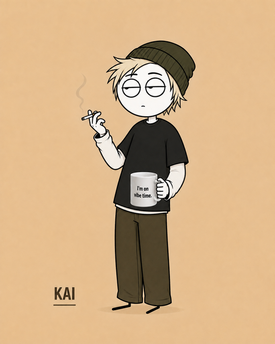 Kai, Relaxed stoner philosopher. Kindly Offensive character, holding a mug.